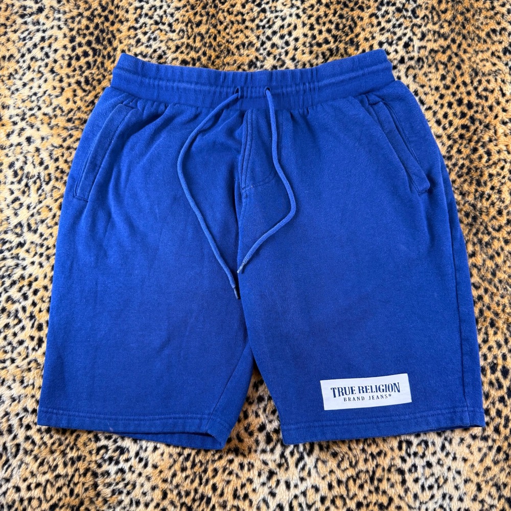 True Religion Mens Royal Blue Fleece Sweat Shorts Horseshoe Logo Size L 1238